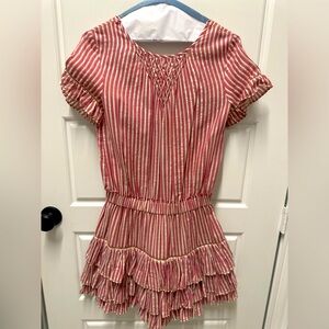 Misa Los Angeles Cranberry and White Striped Ruffle Dress
